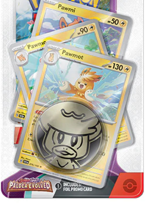 Pokémon Paldea evolved Pawmi evolution promo card & coin