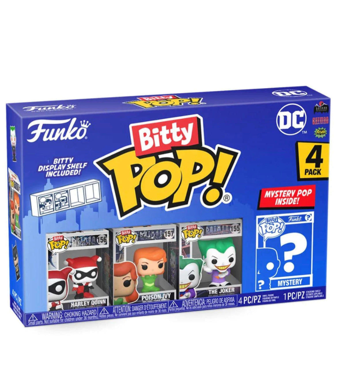 funko bitty pop harley-quinn, poison-ivy and joker